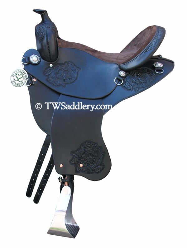 TW Saddlery Black Featherweight Trail Saddle with Chocolate Suede Trail Seat, Classic Round Skirt, English Rigging, Trail Fenders and Spot Floral Tooling.