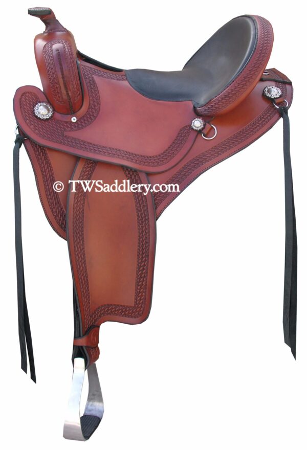 TW Saddlery Brown Featherweight Trail Saddle with Black Smooth Flat Seat, Classic Round Skirt, Western Rigging, Traditional Fenders and Basketweave Edge Tooling.