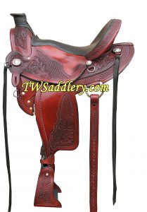 TW Saddlery Dark Oil Classic Wade with Black Leather Seat & Wrapped Horn. 3/4 Oak/Basketweave Tooling, Silver Berry Conchos, Rear Cinch & Billets, Leather Covered Stirrups & Black Leather Strings.
