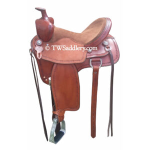 TW Shooter with Secure Pommel, Dark Oil, Chocolate Suede Seat, Barbwire Tooling, Square Skirt