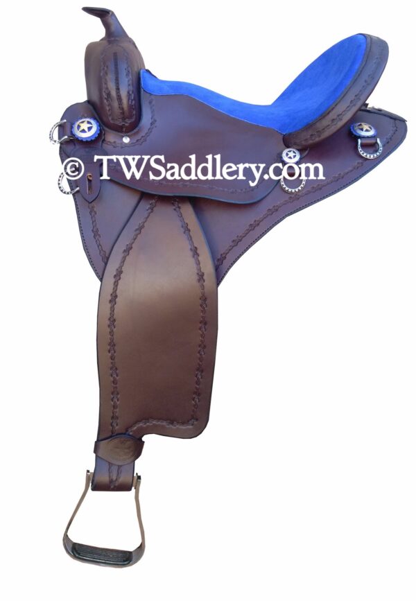 TW Saddlery Featherweight Trail Brown Royal Blue Suede Trail Seat and Barbwire Edge Tooling
