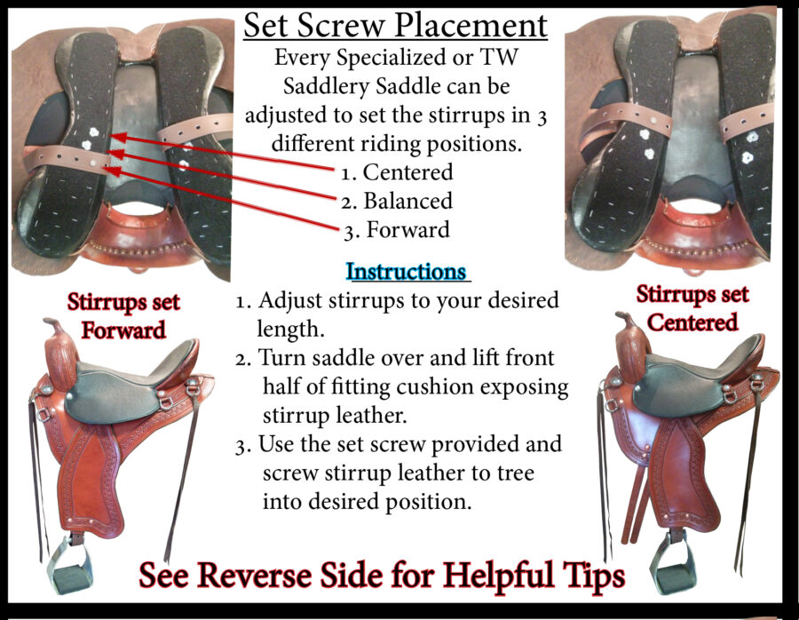 TW Saddlery adjustable stirrup position system with forward, centered, and balanced settings