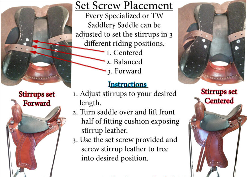 TW Saddlery adjustable stirrup position system with forward, centered, and balanced settings