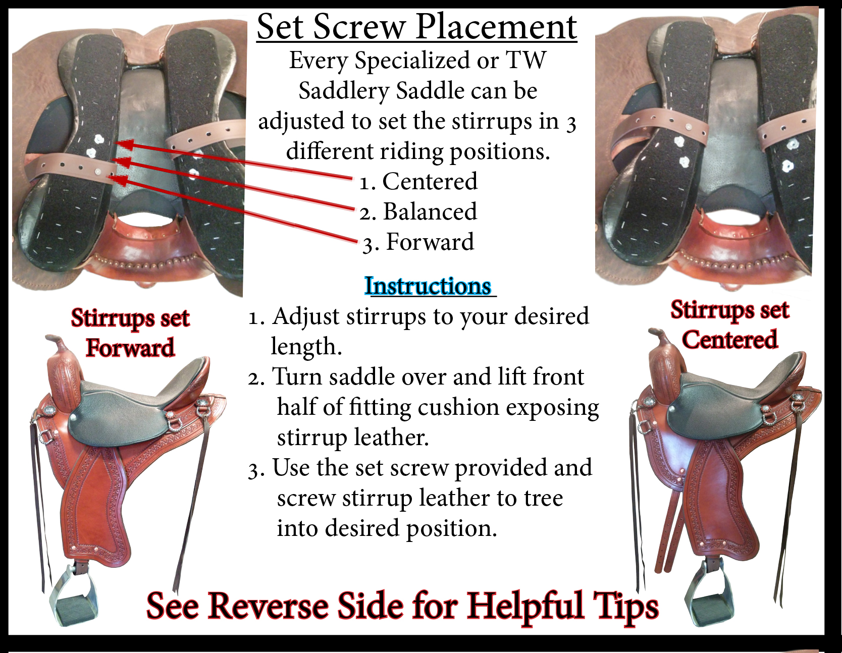 TW Saddlery adjustable stirrup position system showing forward, balanced, and centered stirrup settings