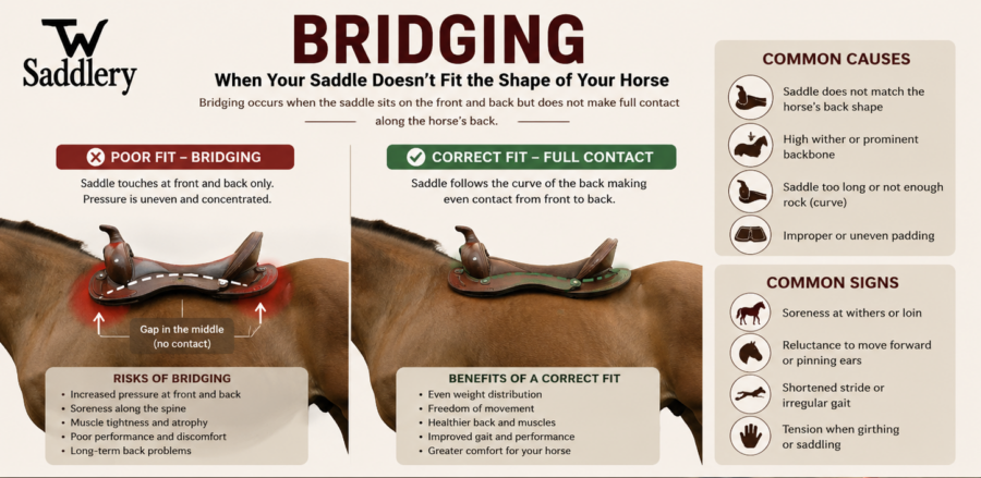 TW Saddlery infographic explaining saddle bridging and uneven pressure on horses