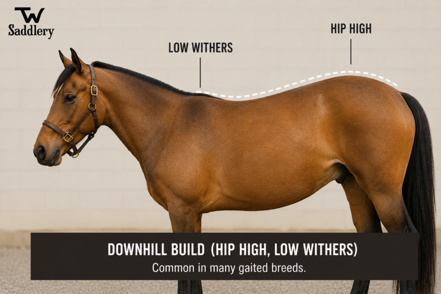 Horse with downhill build showing low withers and hip-high conformation common in gaited breeds
