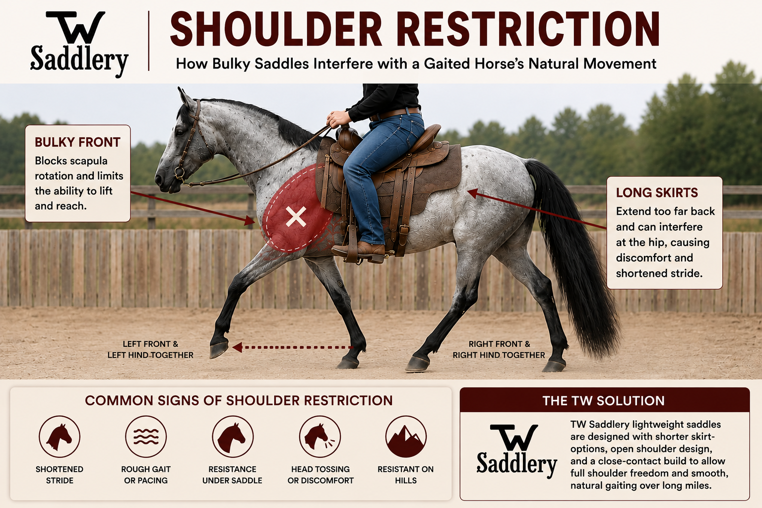 Diagram showing how improper saddle fit can cause shoulder restriction and shortened stride in gaited horses