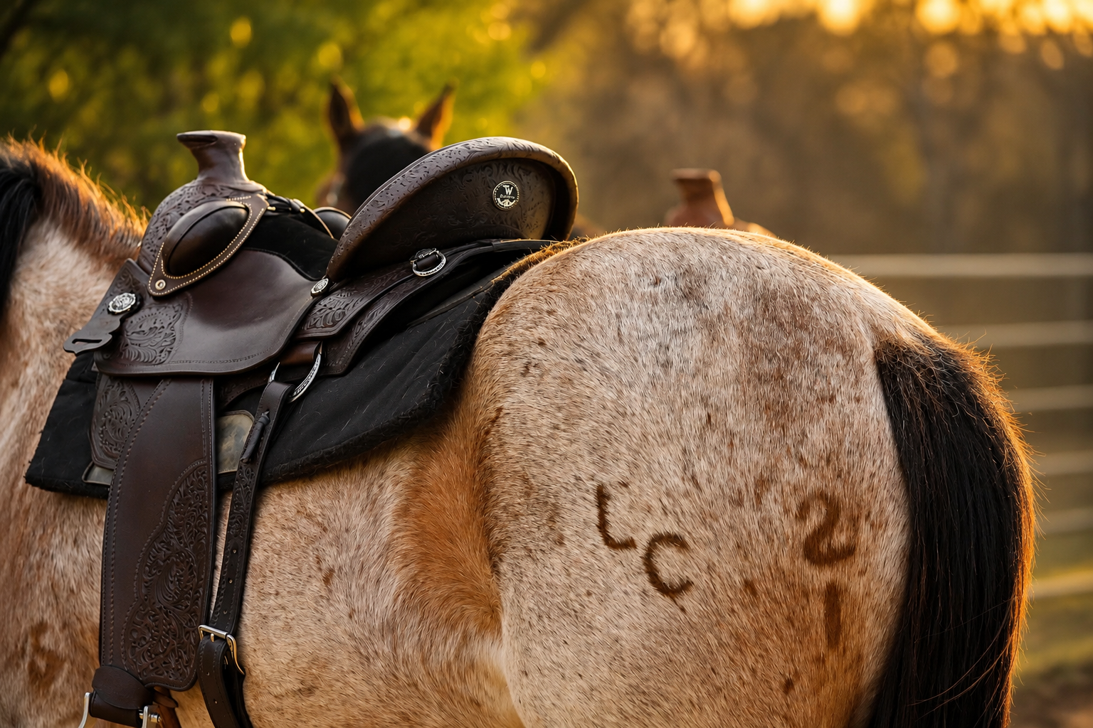 Bay roan Quarter Horse wearing a mahogany TW Saddlery Classic Wade saddle with three-quarter tooling.