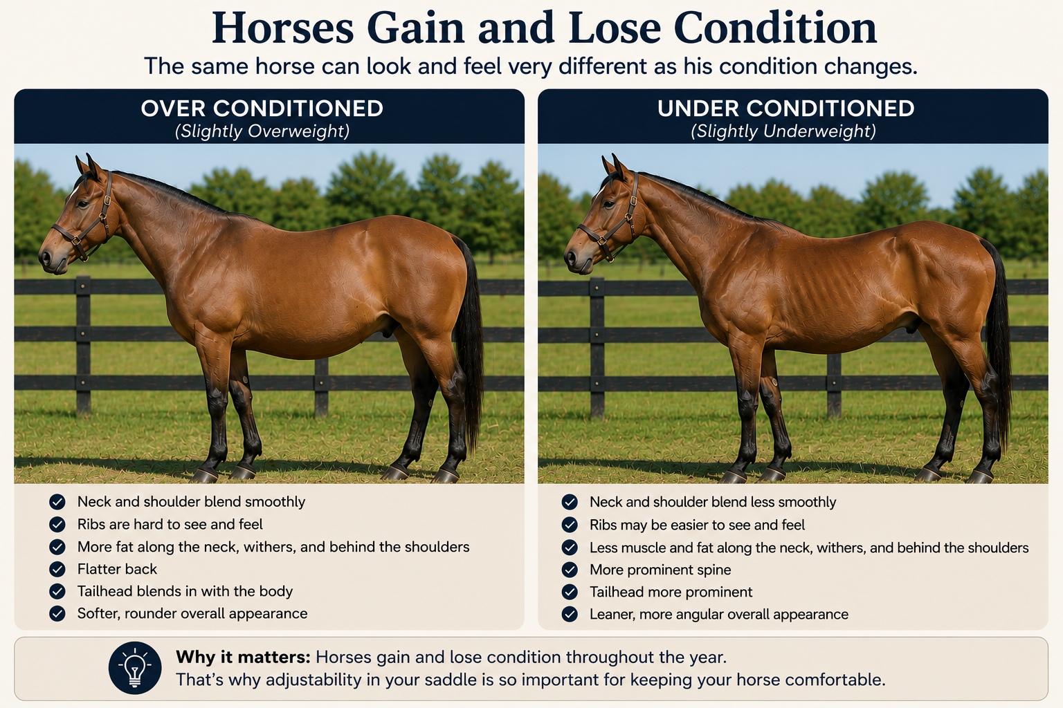 Horse body condition comparison showing over-conditioned and under-conditioned horses and how changes in condition can affect saddle fit.