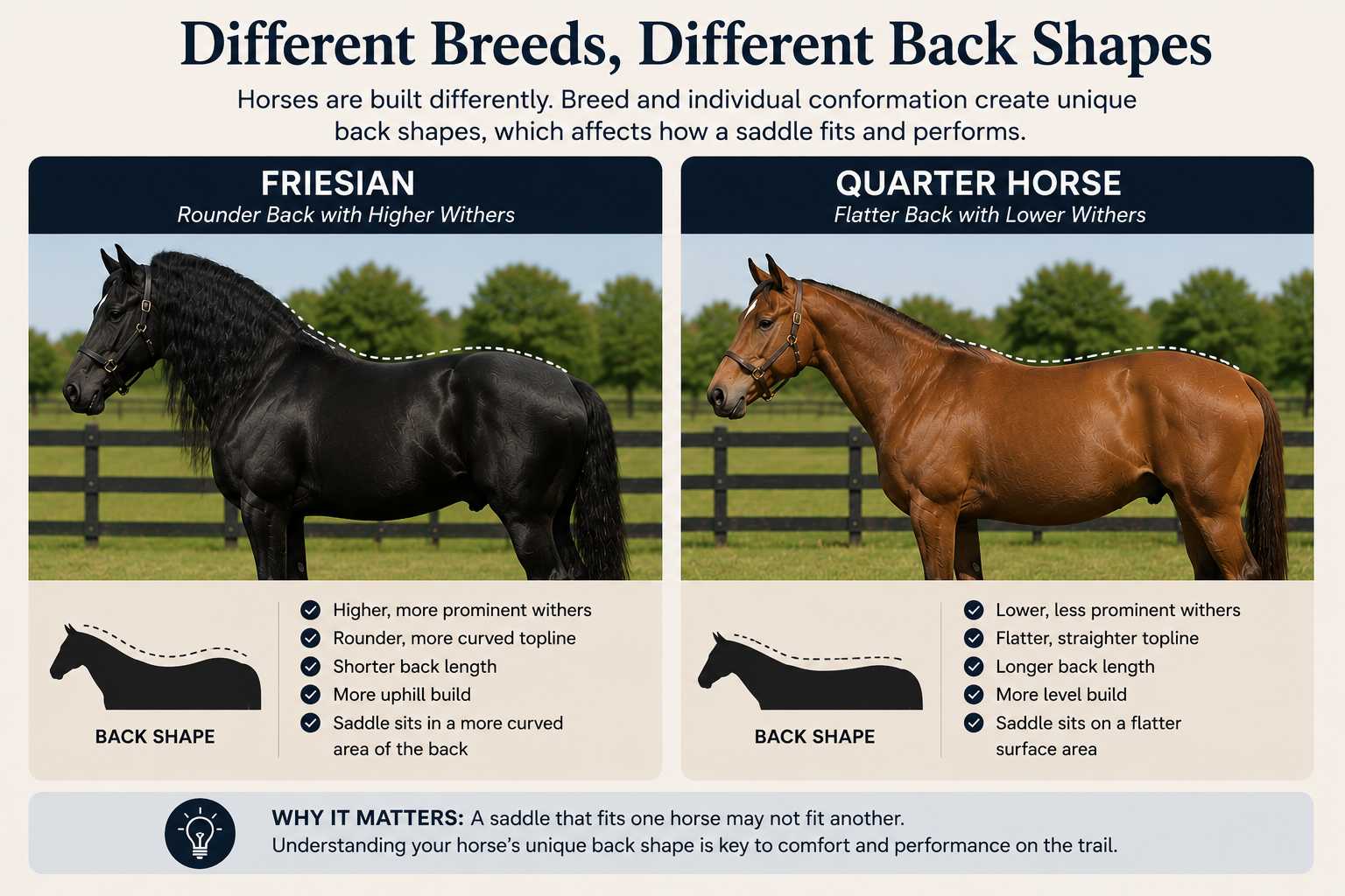 Comparison of Friesian and Quarter Horse back shapes showing how different breeds have unique conformations that affect saddle fit.