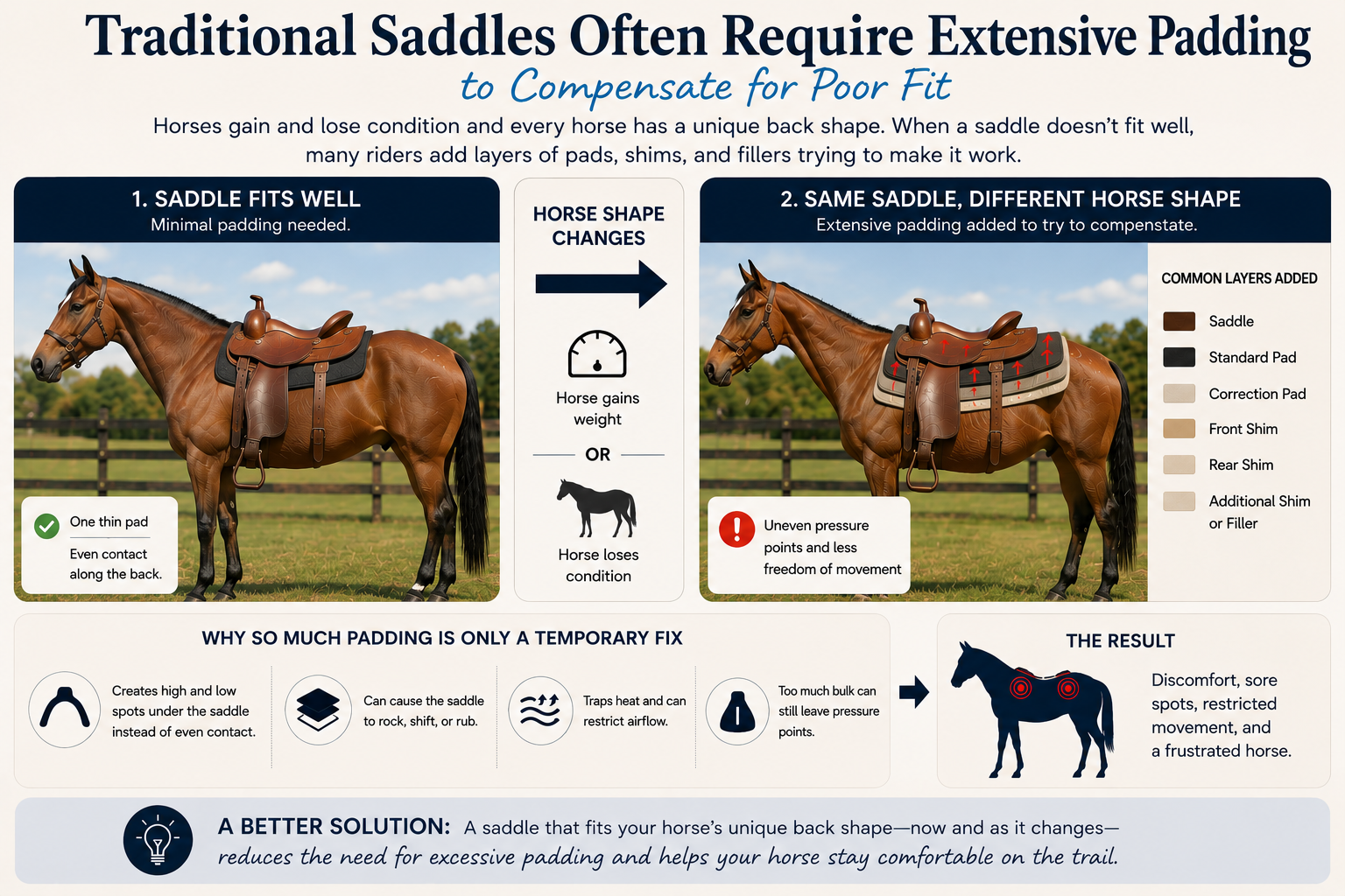 Graphic showing multiple saddle pads and shims used to compensate for changes in horse shape and saddle fit.