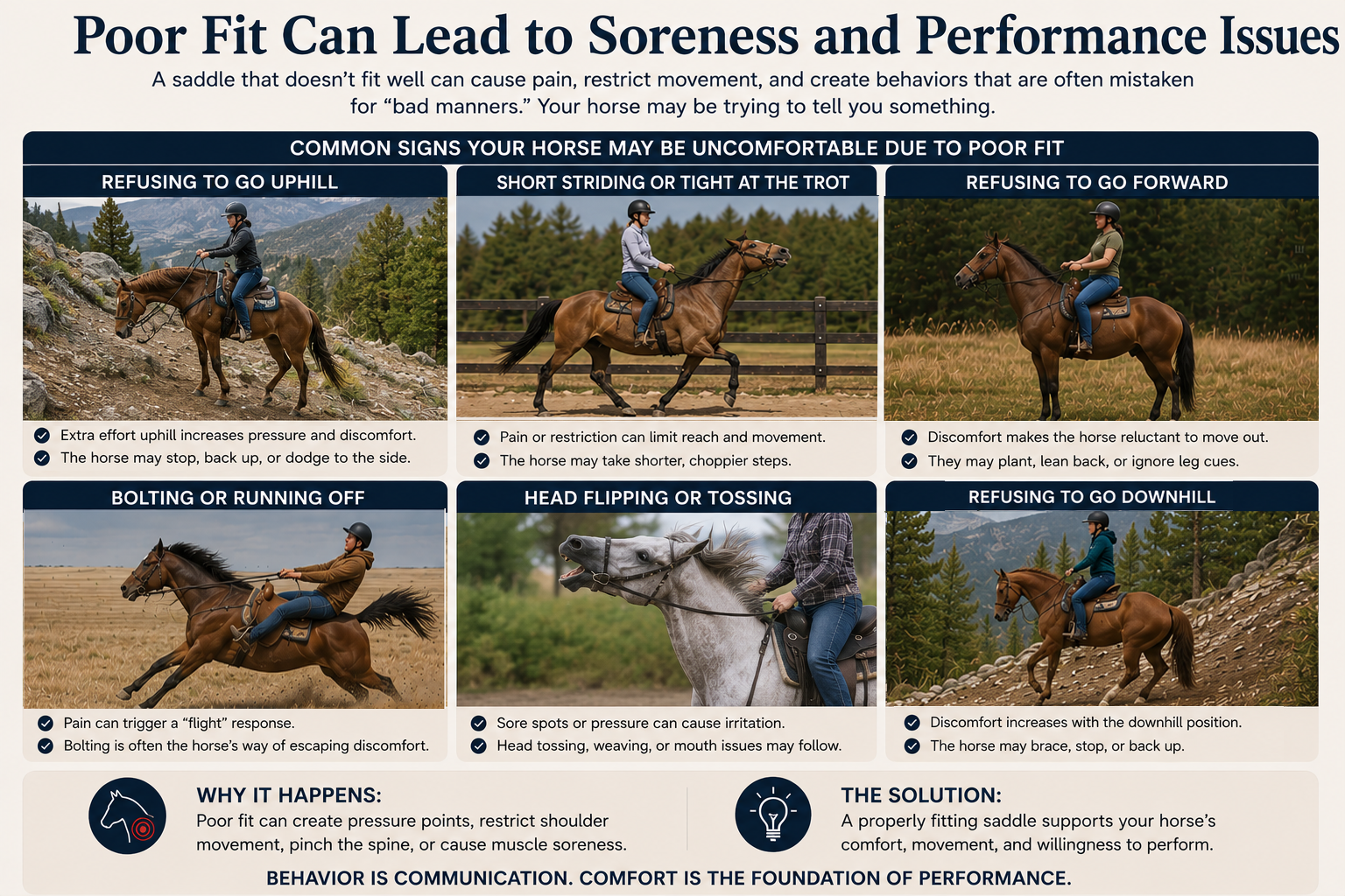 Infographic showing common signs of saddle discomfort including short striding, refusing hills, bolting, head tossing, and reluctance to move forward.