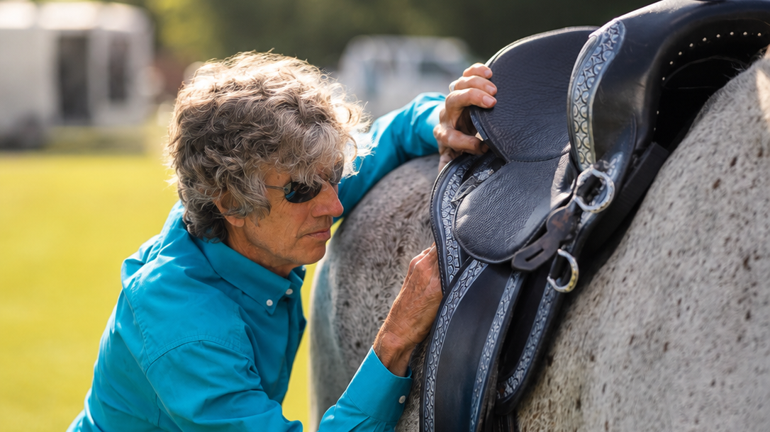 David Kaden fitting a black TW Saddlery Trail Light saddle on a grey Arabian mare.