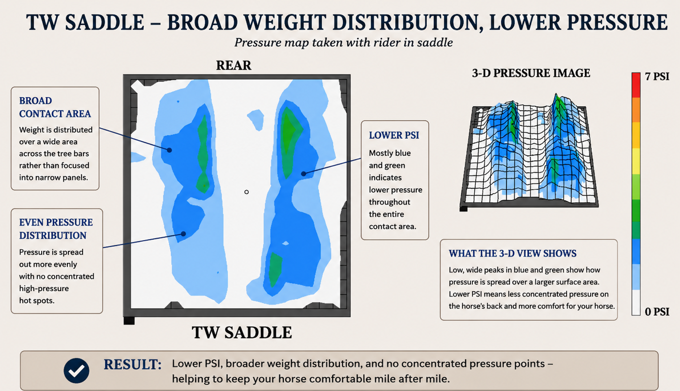 Pressure mapping scan of a TW Saddlery saddle showing broad weight distribution across the tree bars with low, evenly distributed PSI and no concentrated pressure hotspots.