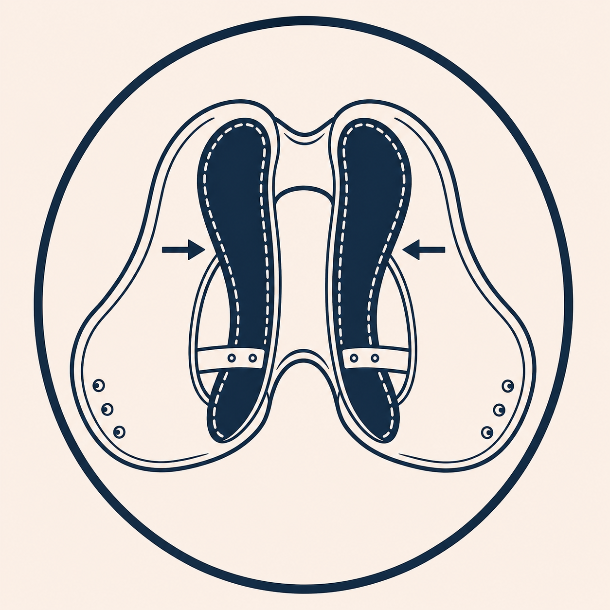 Underside of a saddle showing broad weight-distributing fitting cushions