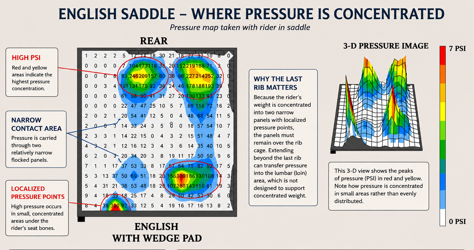 Pressure mapping scan of an English saddle showing concentrated rider pressure through two narrow flocked panels with high PSI areas highlighted.