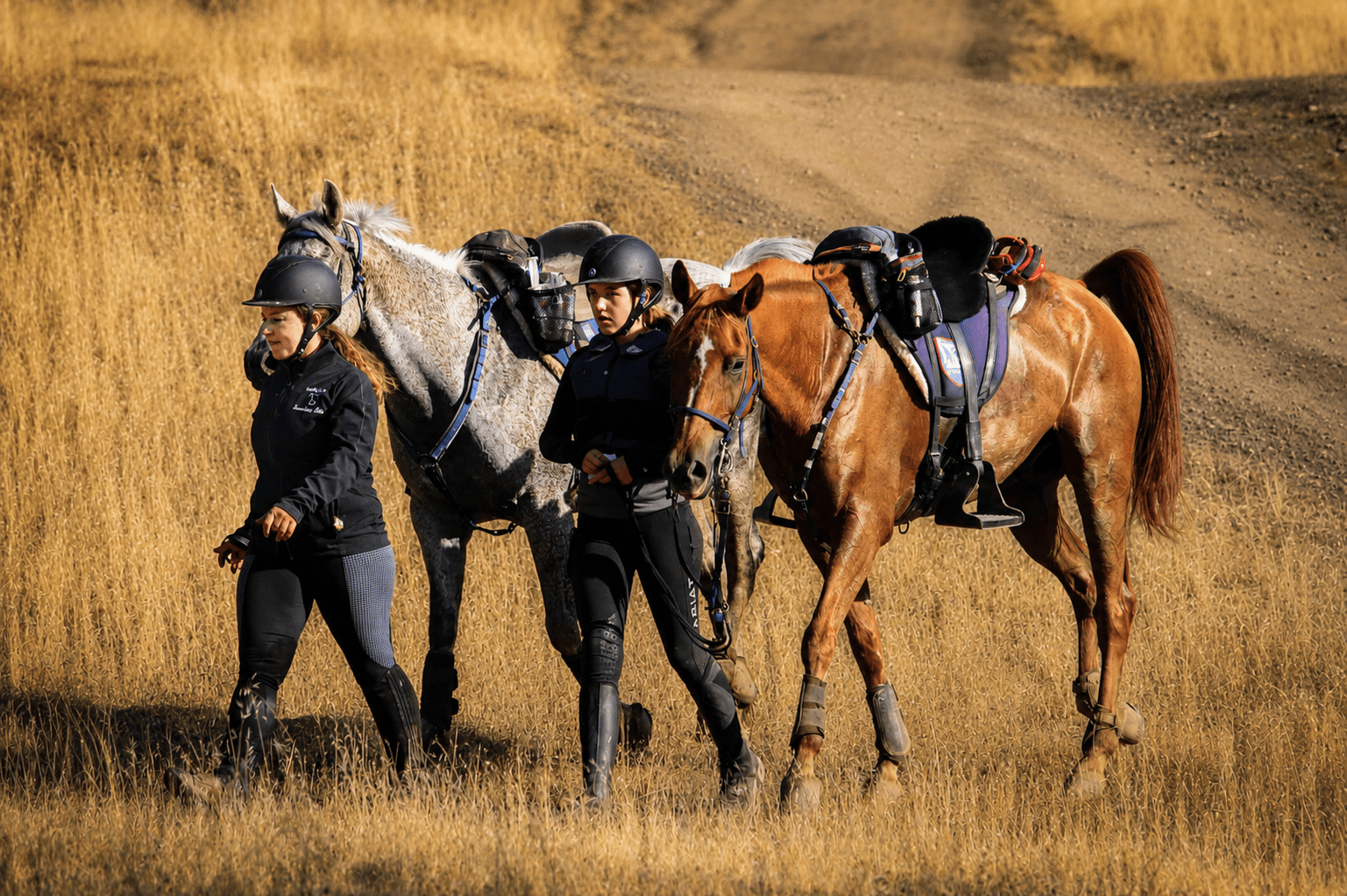 Samantha Ellis and a Crater Hill junior rider leading their horses equipped with Specialized Aussie Ultralight saddles