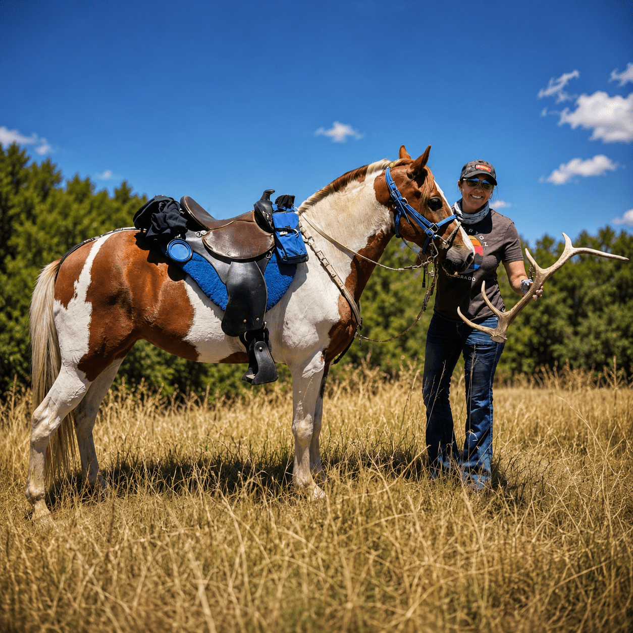 Tenney Blouin with her horse wearing a TW Ultra Secure Aussie Light saddle on her Colorado ranch