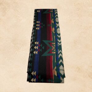 Black Southwestern scarf with blue, burgundy red, green, cream, and gold geometric patterns