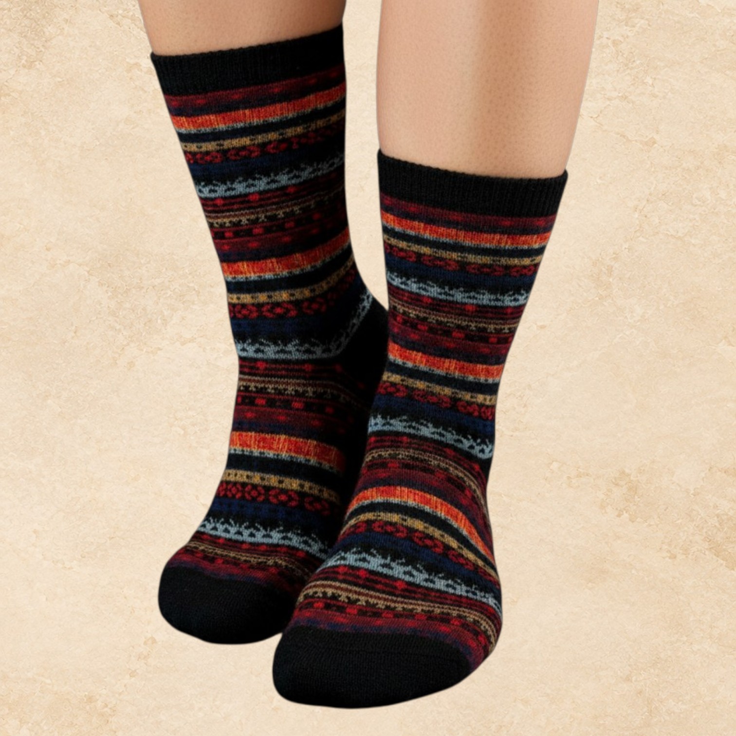 Women’s black 50% alpaca crew socks with a Western-inspired pattern, shown as a soft luxury sock style.