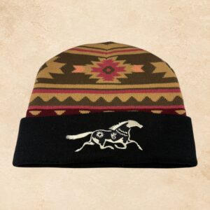 Warm southwestern beanie with brown and burgundy geometric pattern and embroidered white horse on black cuff