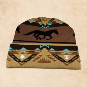 Thick brown western knit beanie with black running horse and turquoise southwestern pattern