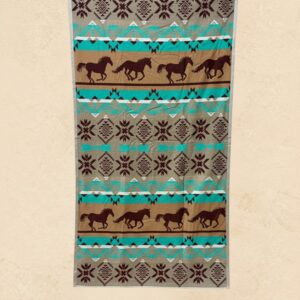 Canyon Run western beach towel with brown running horses and turquoise southwestern geometric pattern on a tan background