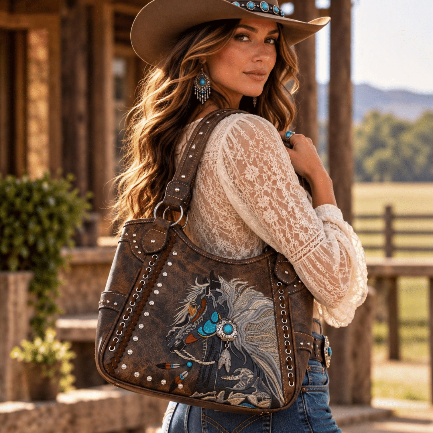 Front view of brown leather purse with colorful embroidered horse