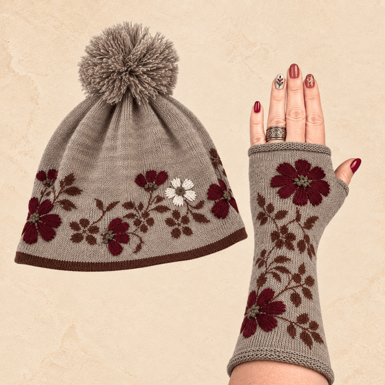 Taupe alpaca knit beanie and fingerless glove set with burgundy floral embroidery and brown accents