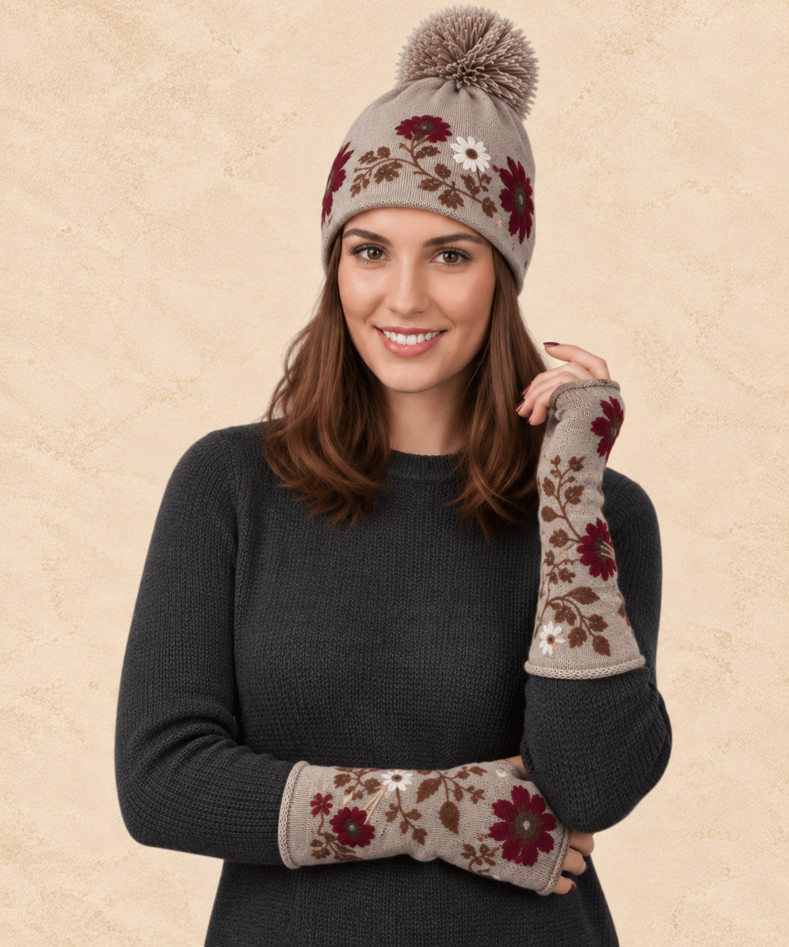 Taupe alpaca knit beanie and fingerless glove set with burgundy floral embroidery and brown accents
