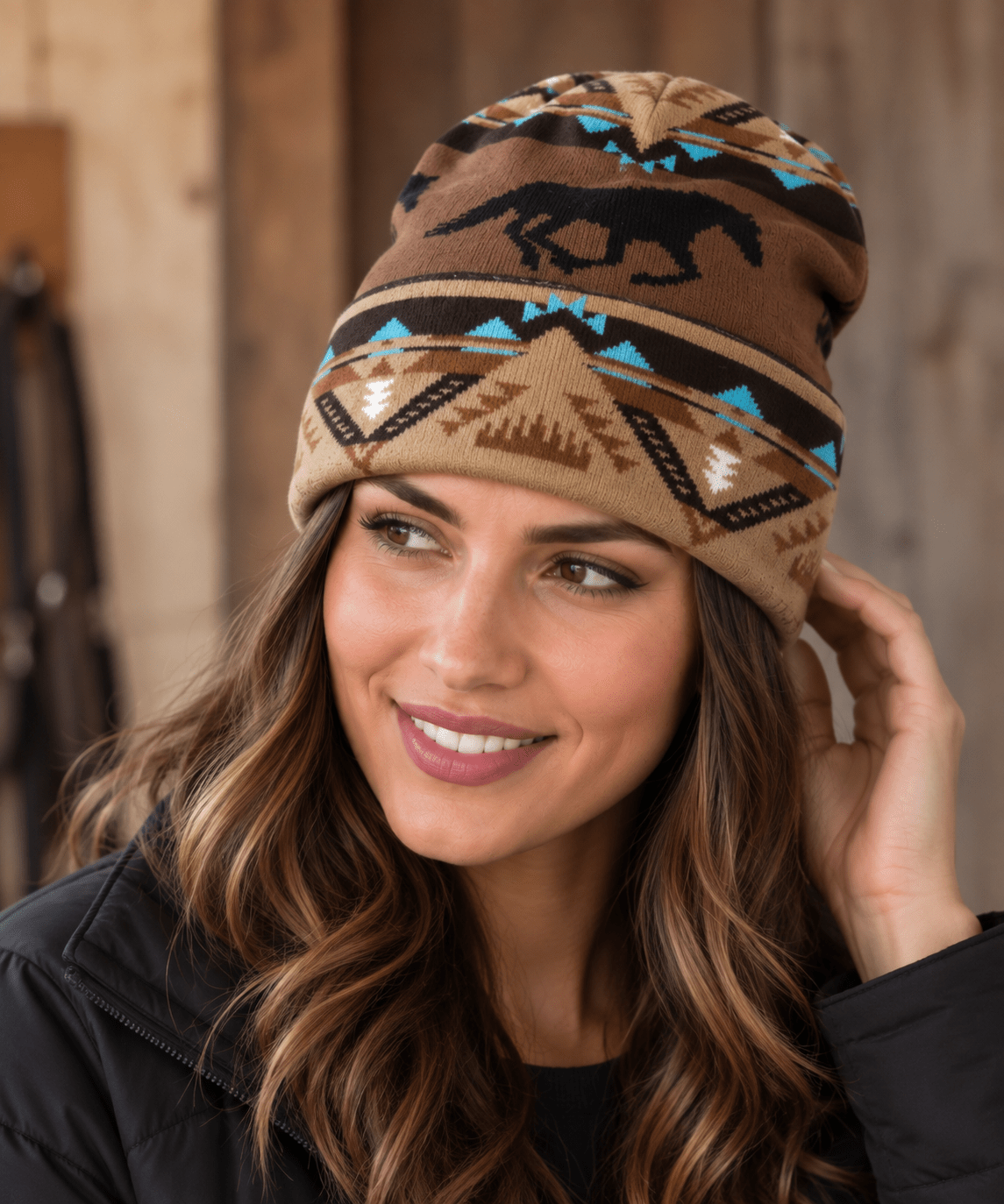 Thick brown western knit beanie with black running horse and turquoise southwestern pattern