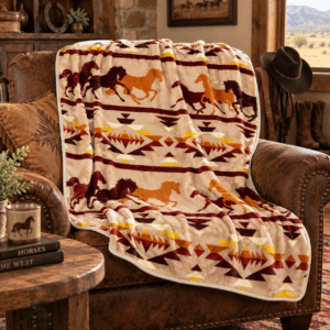 Desert Stampede western flannel throw with running horses and southwestern geometric pattern in burgundy, rust, gold and cream