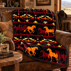 Midnight Stampede western flannel throw with running horses and southwestern geometric pattern in black, burgundy, orange, gold and cream