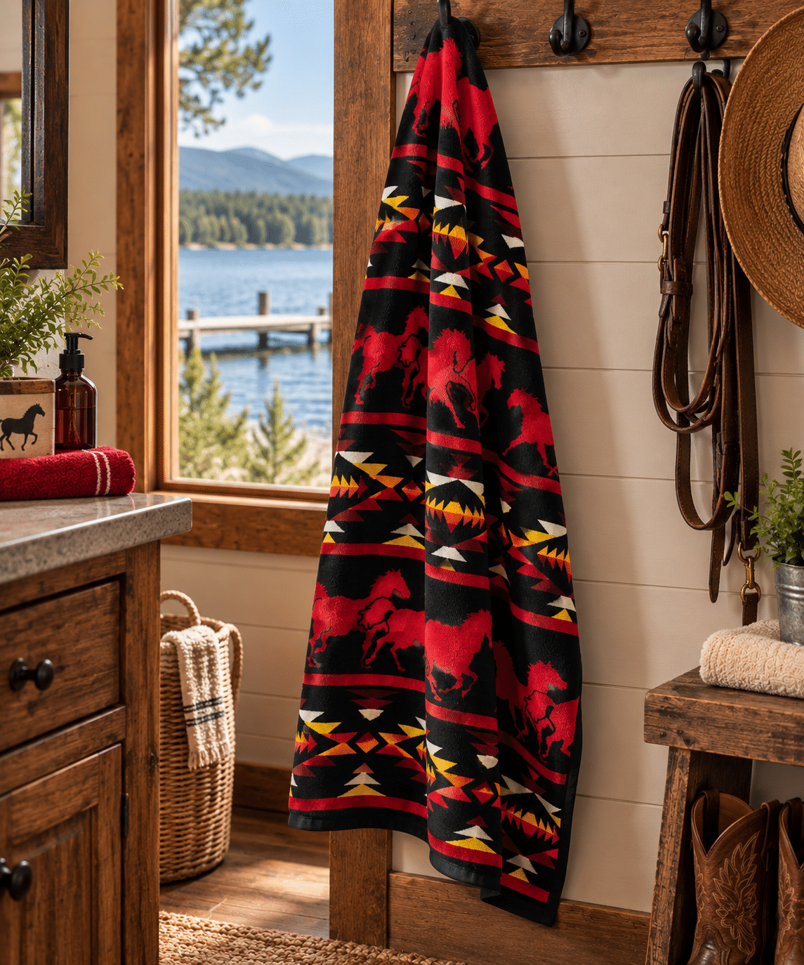 Red Rock Stampede western beach towel with red running horses and southwestern geometric pattern on a black background