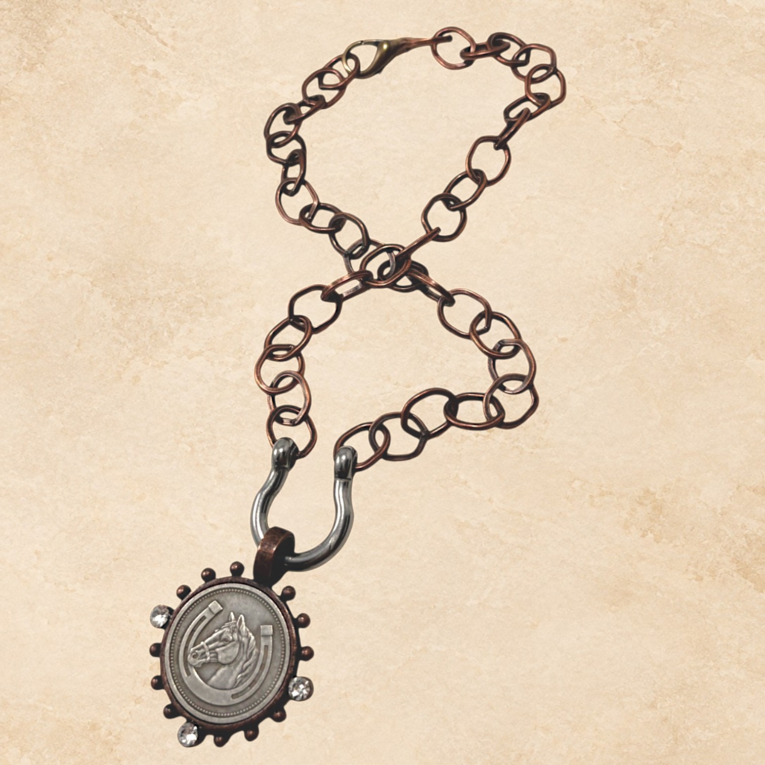 Handmade copper and silver necklace with round horse pendant
