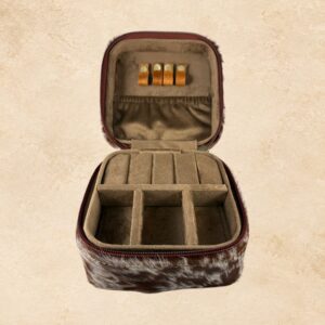 Open brown hide jewelry organizer with soft lined interior, divided compartments, ring holders, and removable insert.