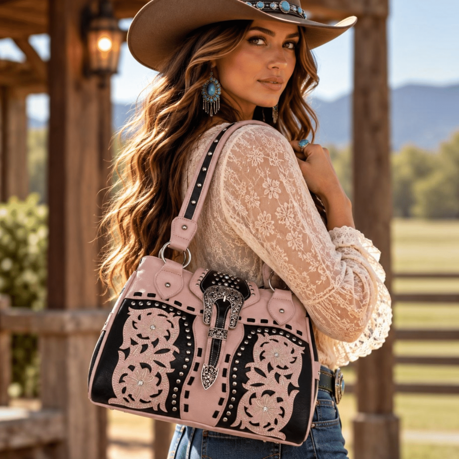 Blush pink and black purse with floral detailing, silver-tone studs, decorative stitching, and an ornate buckle accent.