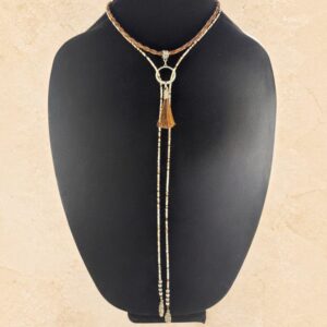 Desert Sand Lariat Horsehair Necklace with braided brown horsehair, cream, copper and metallic brown beads, silver-tone hardware, horsehair tassel and feather charms.