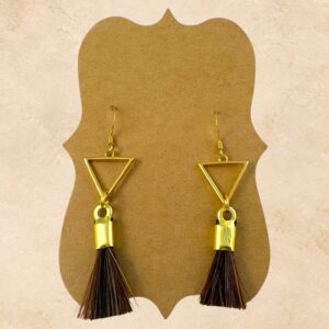 Golden Triangle Horsehair Earrings with genuine brown horsehair tassels, open gold-tone triangle accents and gold-tone fishhook ear wires.