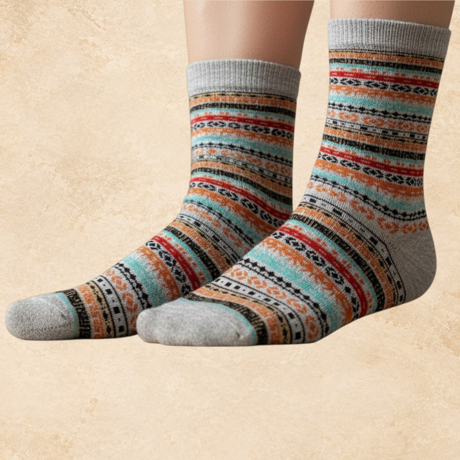 Women’s grey 50% alpaca crew socks with a Western-inspired pattern, shown as a soft luxury sock style.