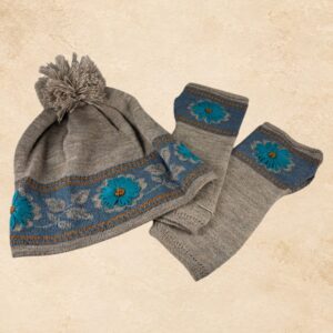 Taupe alpaca knit beanie and fingerless glove set with turquoise floral embroidery and blue accents