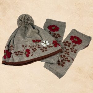 Taupe alpaca knit beanie and fingerless glove set with burgundy floral embroidery and brown accents