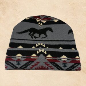 Gray western beanie with black running horse and burgundy, black and cream southwestern pattern