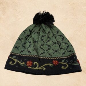Sage green alpaca knit beanie with black trim, floral embroidery and black pom-pom