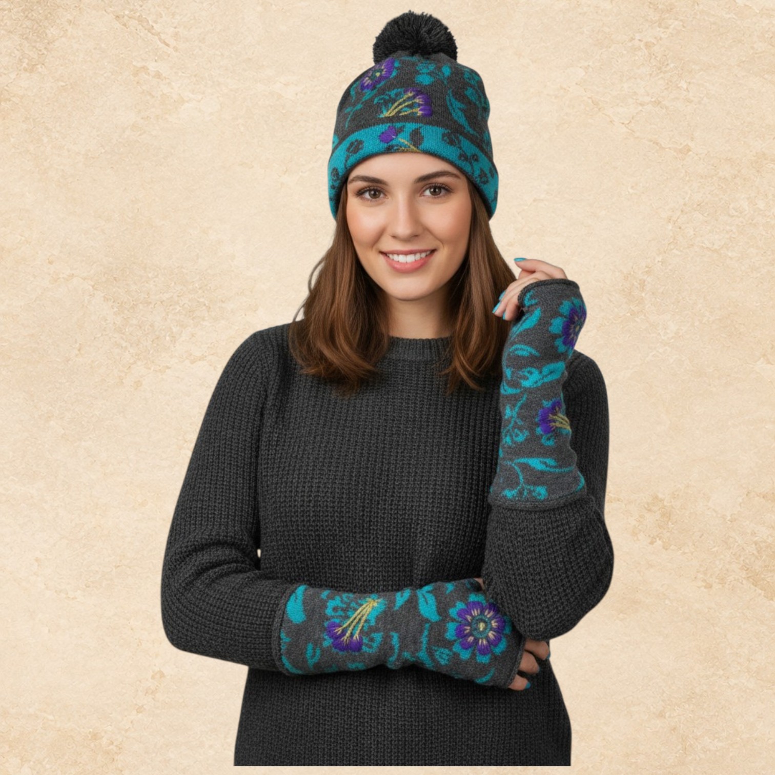 Charcoal knit beanie and fingerless glove set with turquoise western pattern and purple floral embroidery