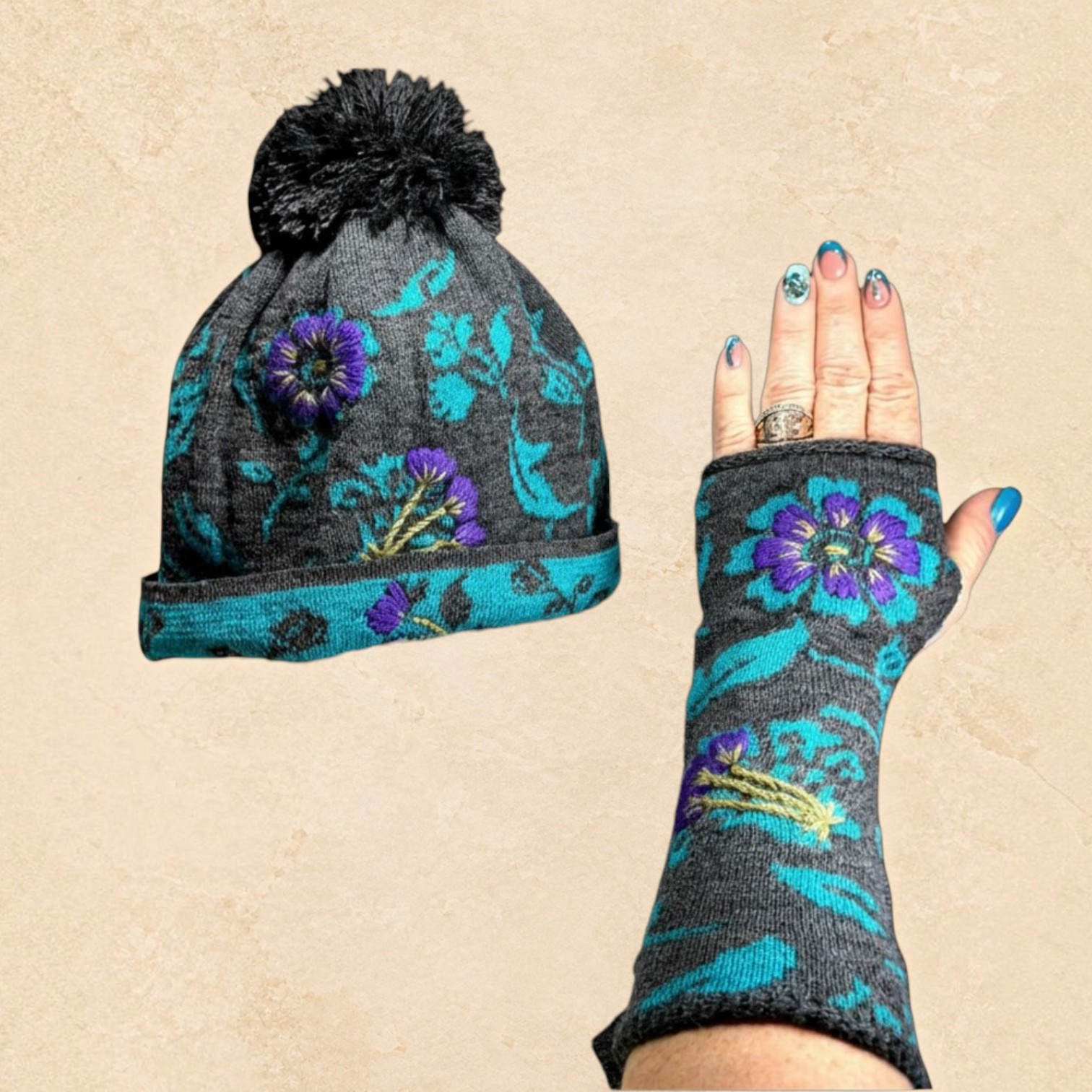 Charcoal knit beanie and fingerless glove set with turquoise western pattern and purple floral embroidery