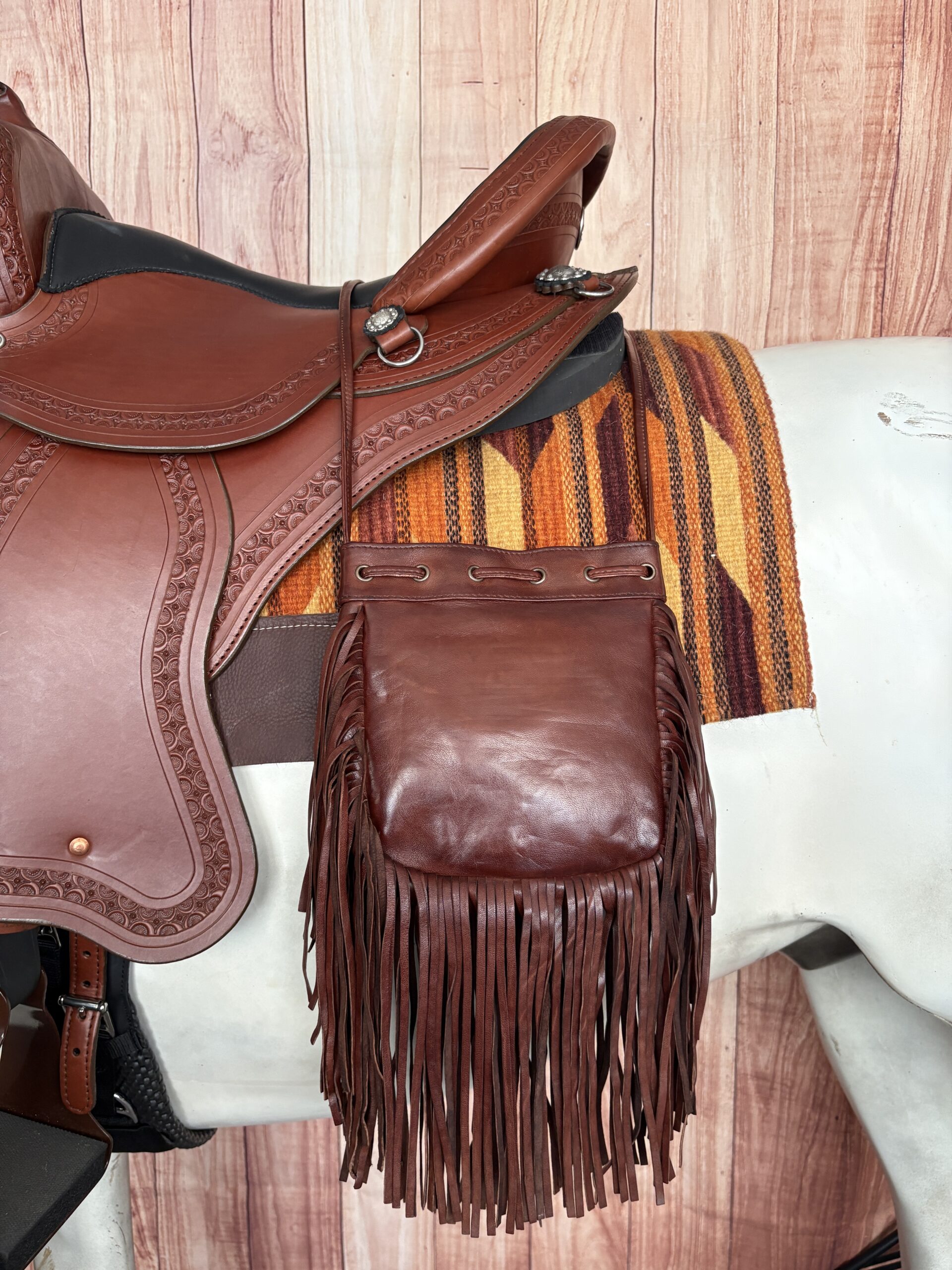 One-of-a-kind handmade brown leather Western purse with fringe and double handles