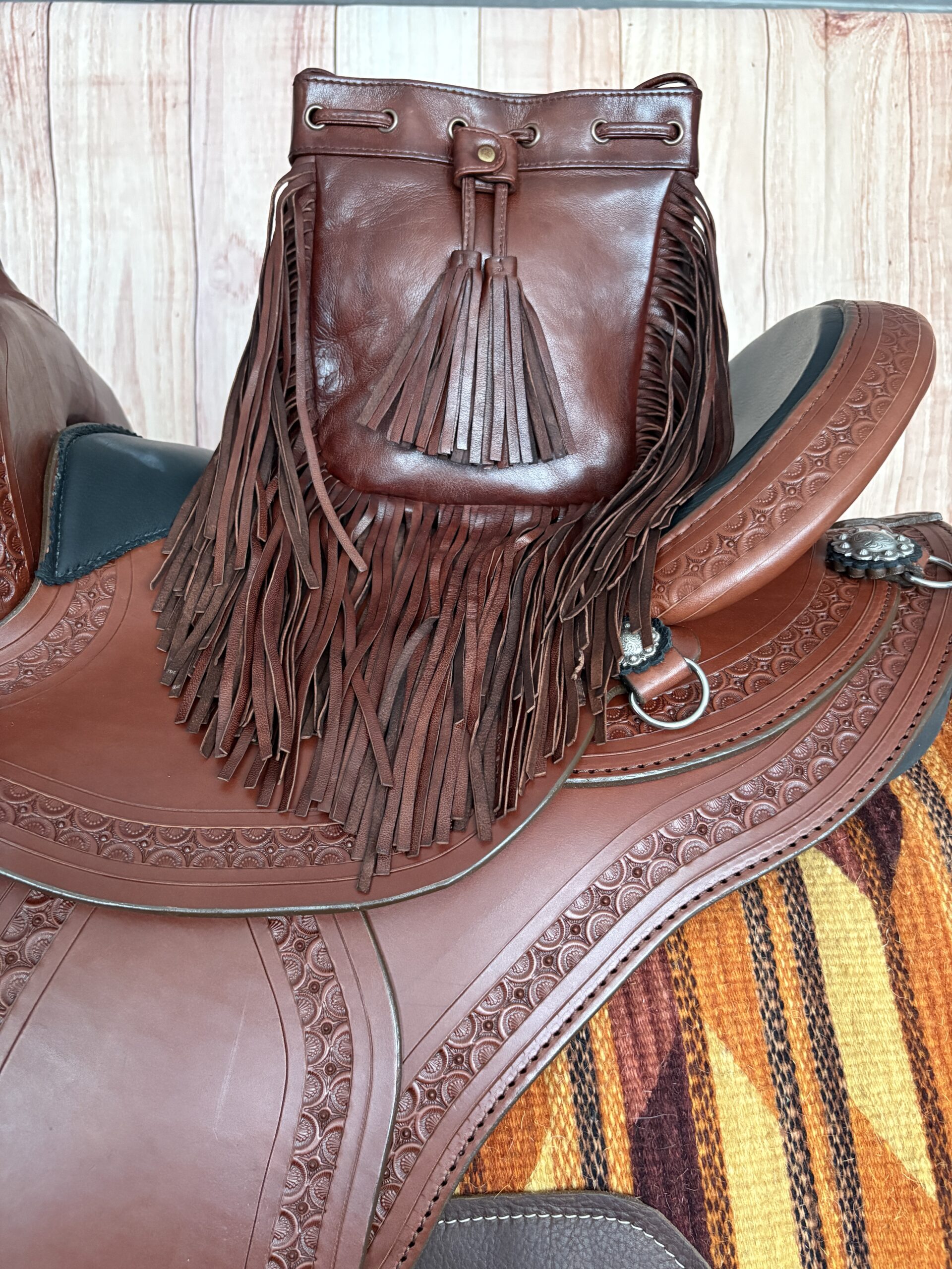 One-of-a-kind handmade brown leather Western purse with fringe and double handles