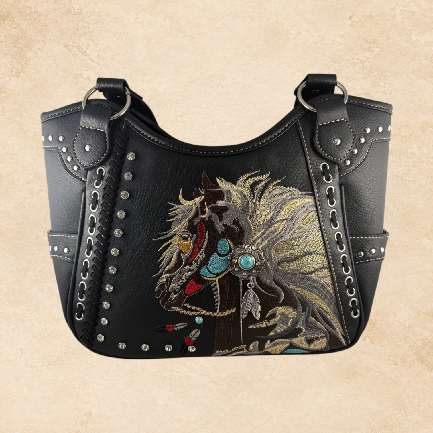 Front view of black leather purse with colorful embroidered horse
