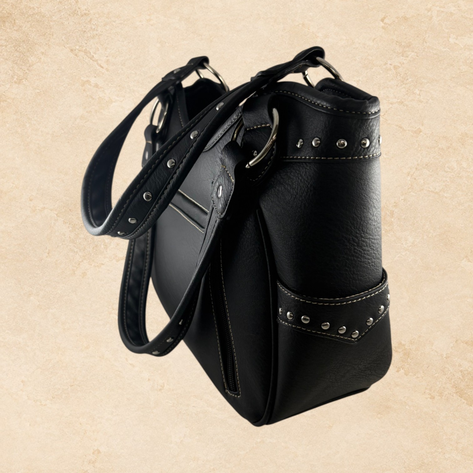 Back view of black leather horse purse